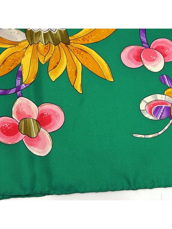 Chanel Silk Scarf Green Flower Floral Pattern Butterfly Coco Mark - Picture 3 of 4